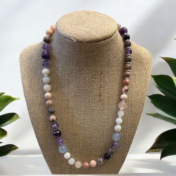 Purple & Earthy Genuine Gemstone Handmade Necklace Amethyst Opal Rhodonite - Picture 1 of 6